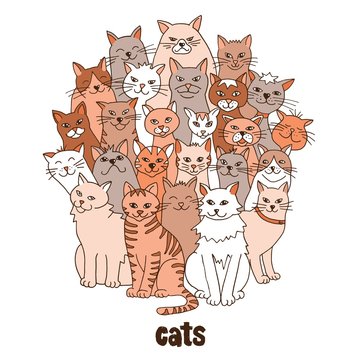 Group of hand drawn cats, standing in a circle