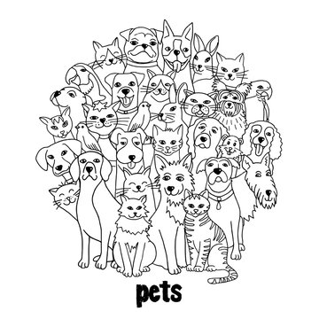 Group of hand drawn pets, like cats, dogs, birds, hamster, bunnies, standing in a circle