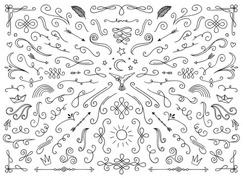 Set of various text decoration elements like swirls, dividers, ornaments, hearts etc.