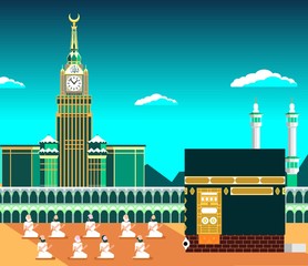 Mecca or Makkah, with Kaaba & muslims pray, flat vector design illustration with daylight banner or poster