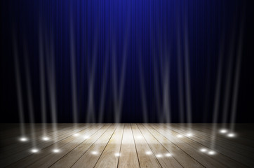 abstract blue stage light with wooden floor for background
