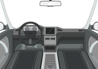 Car interior. Inside view of car. Dashboard and navigation panel. Vector illustration.