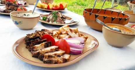 Traditional Transylvanian Food Buffet with pork and vegetables