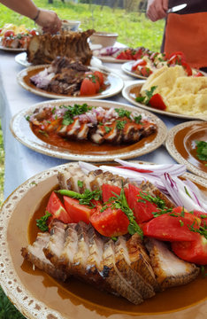 Traditional Transylvanian Food Buffet with pork and vegetables