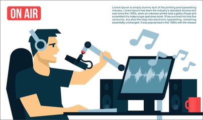 Radio Dj On Air in radio studio playing the music song Broadcasts cool flat design illustration © hirexdesign