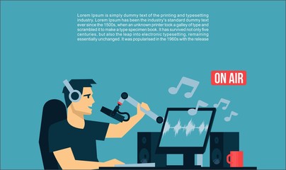 Radio Dj On Air in radio studio playing the music song Broadcasts cool flat design illustration