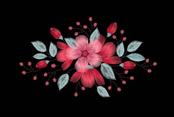 Embroidery stitches with wild flowers, spring flowers, grass, branches pastel, bright colors. Fashion vector ornament, black background for fabric, textiles, garments, traditional folk flower design.
