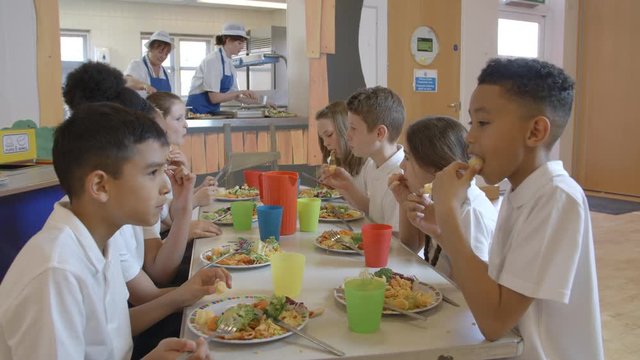 Elementary School Pupils Having Lunch In Canteen Shot On R3D