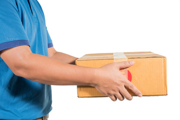 delivery man in blue uniform holding a package isolated on white background
