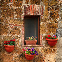Fototapeta na wymiar Small italian window with nice flowers, Italy