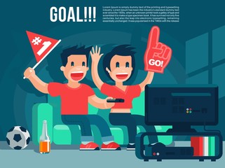 Football Sport fans watching TV broadcasting, guy & girl yell, drink beer cool vector banner or poster illustration