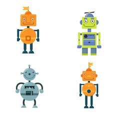 Set of cute vintage robots. Vector illustration with a striking design on a white background for school, notebooks, equipment, toys, websites, designers of robots