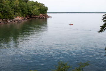 Silhouette of a kayaker on scenic Madeline Island in Lake Superior