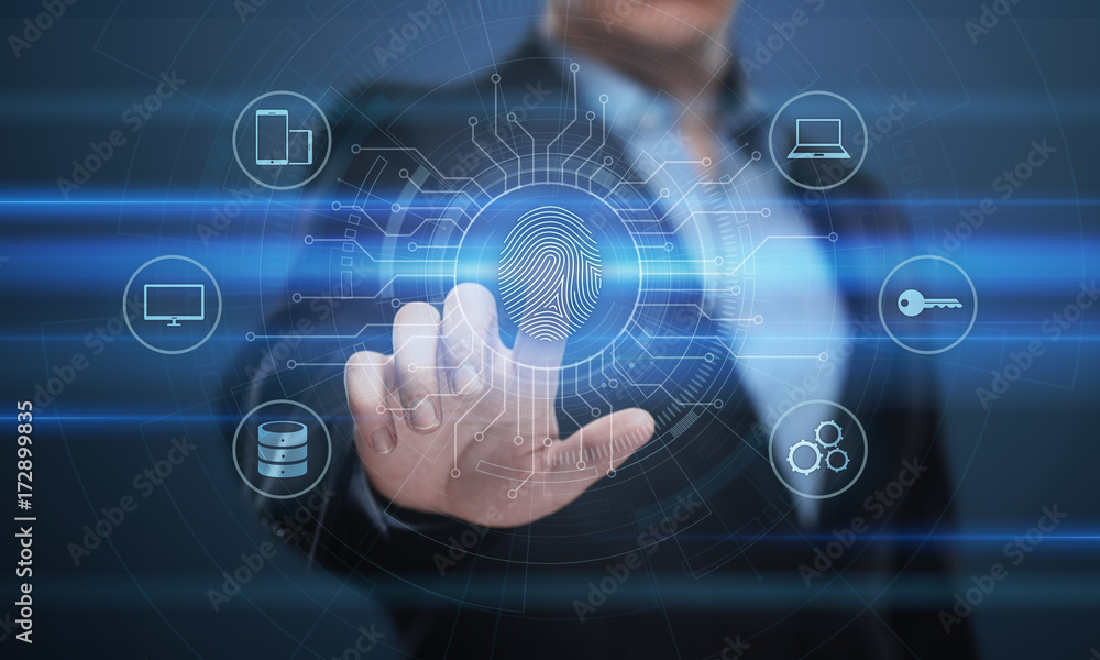 Poster 1411198 fingerprint scan provides security access with biometrics identification. business technolog