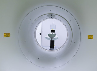 View of the patient table by large diagnostic gantry