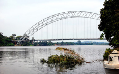 Modern bridge in Ghana, Akosombo.. Development of infrastructure in West Africa. Landmarks in Ghana. Great African project. Construction industry in West Africa 