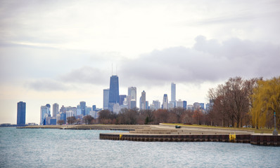 View from the Michigan lake on Chicago in cloudy and cold weather