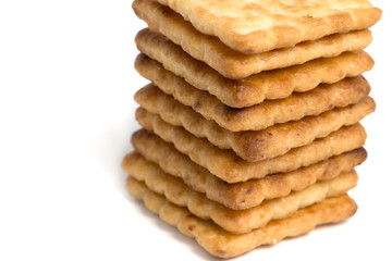 Close up stacked sugar crackers biscuit on white background