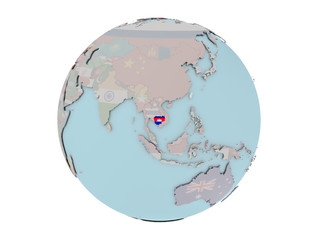 Cambodia with flag on globe