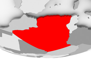 Map of Algeria on grey political globe