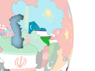 Uzbekistan with flag on globe