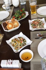 Green tea and vegetable salad - an integral part of Central Asian cuisine. Blur.