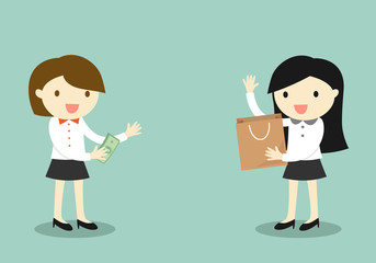 Business concept, Business woman buy something from another woman, shopping concept. Vector illustration.
