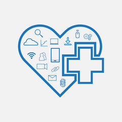 Health Technology (HealthTech) - cross with heart  with tech icon inside