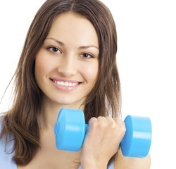 Young woman exercising with dumbbell, isolated