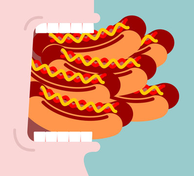 Open mouth and many hot dog. lot of fast food. Glutton portrait. Vector illustration