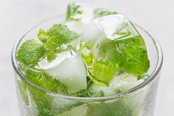 Homemade ice cubes with mint leaves inside in glass, ice for lemonade and cocktail, horizontal, closeup