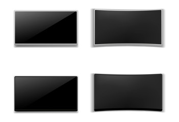 Set of realistic 3D TV screen. Modern stylish lcd panel, led type. Large computer monitor display mockup. Blank television template. On isolated white background.Vector illustration
