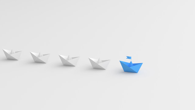 Leadership, blue leader boat leading whites, on white background. 3D Rendering.