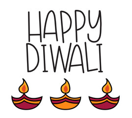 Vector illustration of a Happy Diwali greeting and three diyas