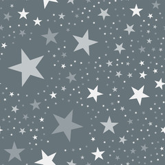 White stars seamless pattern on grey background. Unusual endless random scattered white stars festive pattern. Modern creative chaotic decor. Vector abstract illustration.