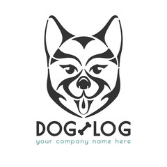 Dog logo template vector illustration. Isolated black silhouette of dog's face. Icon and symbol for your business: pet shop or club, vet clinic, shelter, grooming services etc. Original emblem for you