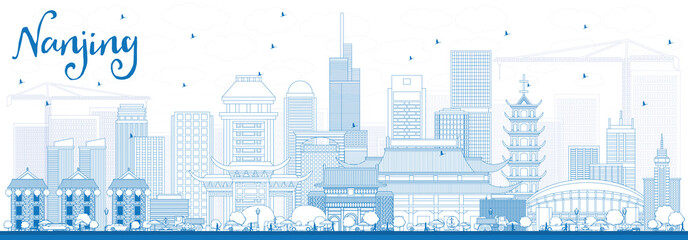 Obraz premium Outline Nanjing China Skyline with Blue Buildings.