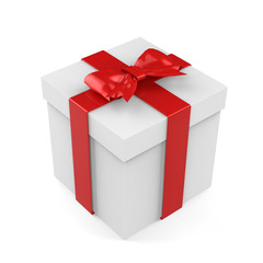 Christmas Gift Box, White Box With Red Ribbon And Red Bow, 3D Illustration