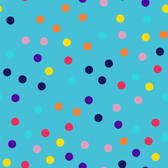 Memphis style polka dots seamless pattern on blue background. Pleasing modern memphis polka dots creative pattern. Bright scattered confetti fall chaotic decor. Vector illustration.