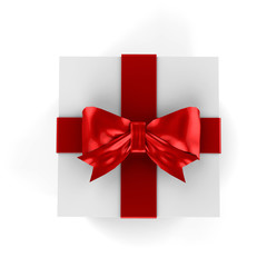 Christmas Gift Box, White Box With Red Ribbon And Red Bow, 3D Illustration