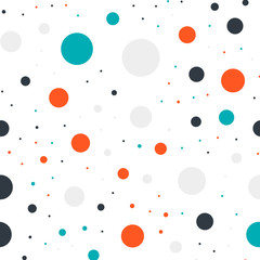 Colorful polka dots seamless pattern on black 17 background. Unusual classic colorful polka dots textile pattern. Seamless scattered confetti fall chaotic decor. Abstract vector illustration.