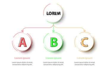 Three topics Colorful 3d circles in organize chart on white background for website presentation cover poster vector design infographic illustration concept