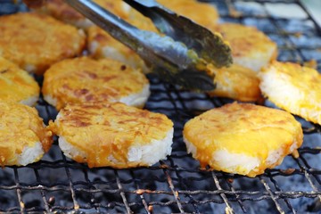 grilled sticky rice on stove