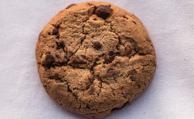 Closeup isolated chocolate chip cookie on white background