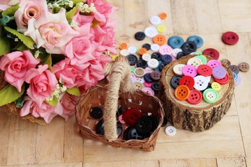 Sewing accessories for sewing on wood background