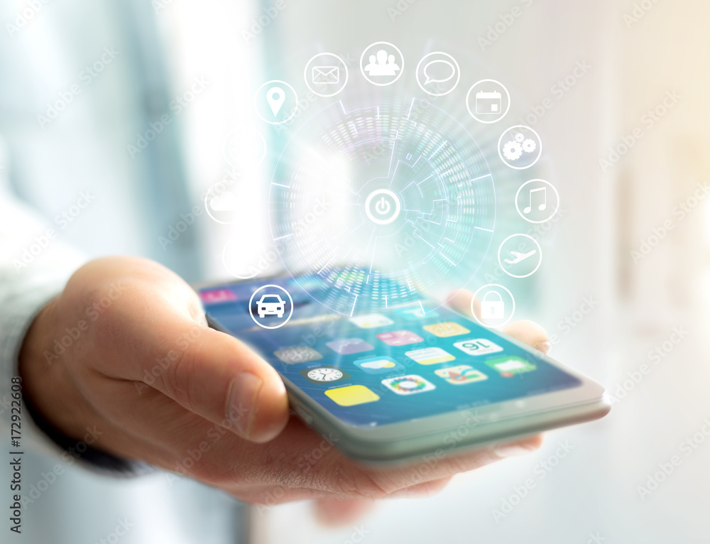 Poster home button of a technology interface surrounded by application - technology app concept