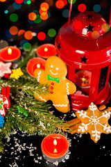 Christmas card - gingerbread man gingerbread, christmas decor, snow, candles and Christmas light