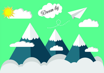 Paper plane fly on the sky top of the mountain with word dream big