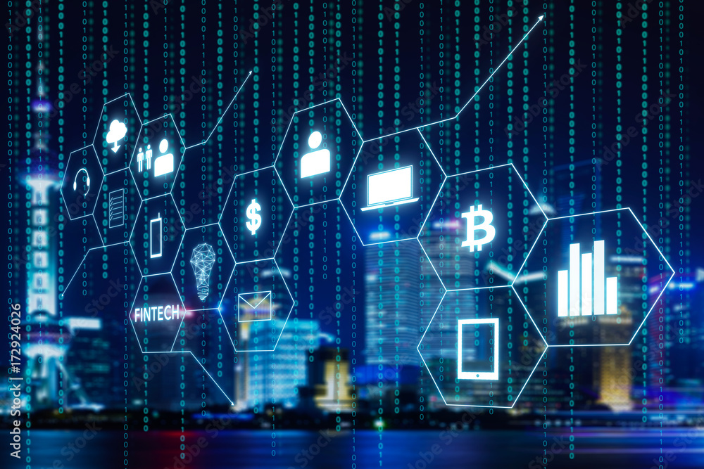 Poster fintech icon and internet of things with matrix code background., investment and financial internet 