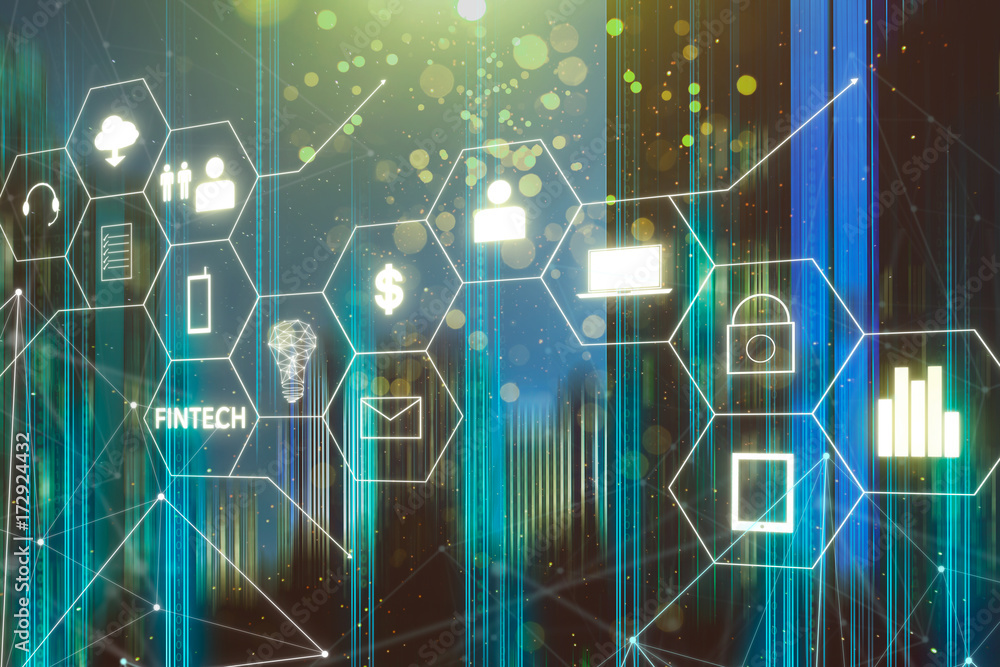 Poster fintech icon and internet of things with matrix code background., investment and financial internet 
